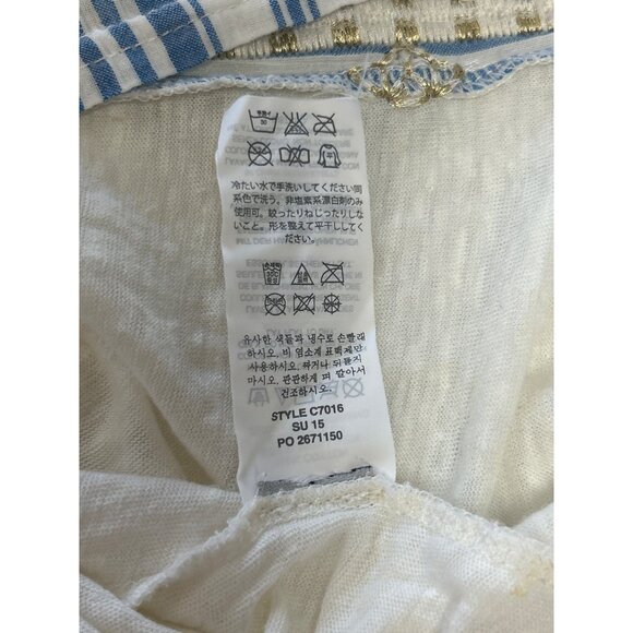 J.Crew  Blue White Striped Linen Cotton Top Womens S Gold Embroidery Boxy - Picture 11 of 12